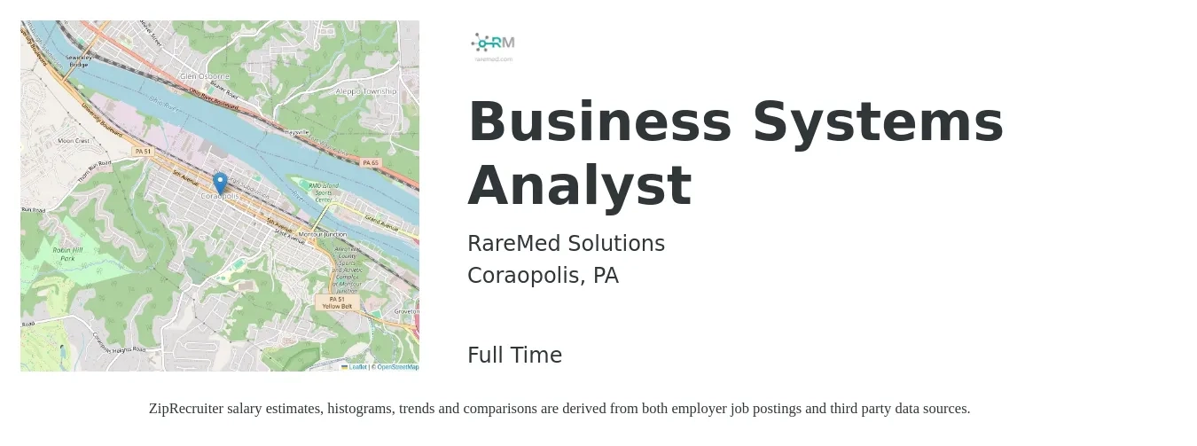 RareMed Solutions job posting for a Business Systems Analyst in Coraopolis, PA with a salary of $38 to $58 Hourly with a map of Coraopolis location.