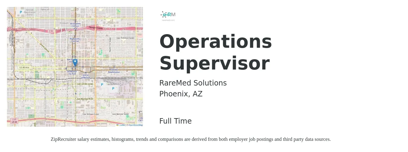 RareMed Solutions job posting for a Operations Supervisor in Phoenix, AZ with a salary of $38,400 to $72,600 Yearly with a map of Phoenix location.
