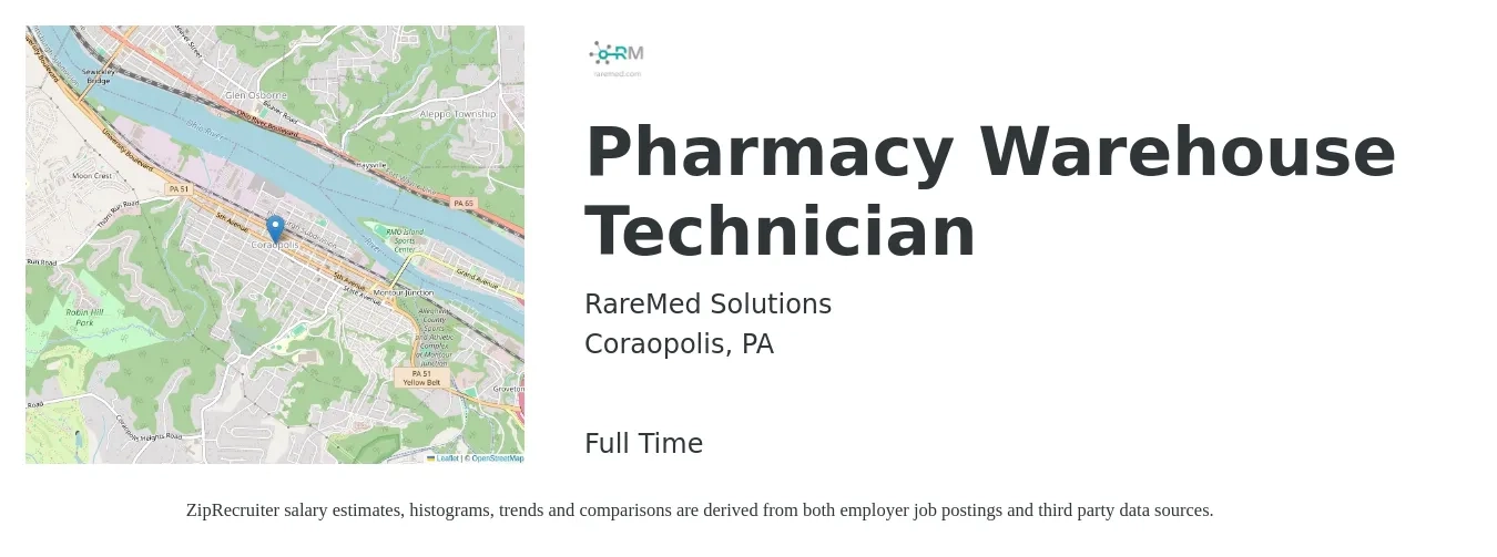 RareMed Solutions job posting for a Pharmacy Warehouse Technician in Coraopolis, PA with a salary of $17 to $20 Hourly with a map of Coraopolis location.