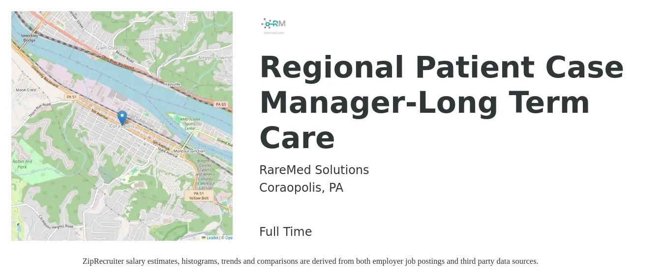 RareMed Solutions job posting for a Regional Patient Case Manager-Long Term Care in Coraopolis, PA with a salary of $21 to $27 Hourly with a map of Coraopolis location.