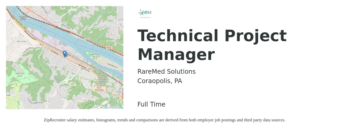 RareMed Solutions job posting for a Technical Project Manager in Coraopolis, PA with a salary of $91,600 to $128,300 Yearly with a map of Coraopolis location.