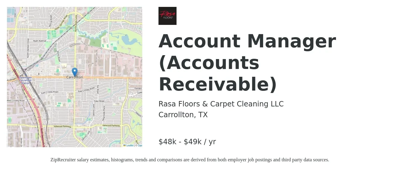 Rasa Floors & Carpet Cleaning LLC job posting for a Account Manager (Accounts Receivable) in Carrollton, TX with a salary of $48,000 to $49,000 Yearly with a map of Carrollton location.