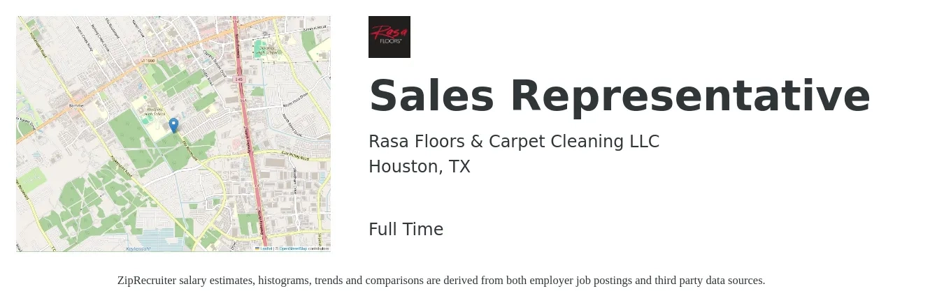 Rasa Floors & Carpet Cleaning LLC job posting for a Sales Representative in Houston, TX with a salary of $51,100 to $88,800 Yearly with a map of Houston location.