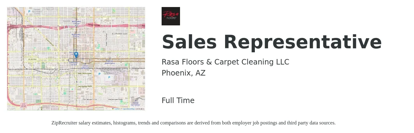 Rasa Floors & Carpet Cleaning LLC job posting for a Sales Representative in Phoenix, AZ with a salary of $53,100 to $92,300 Yearly with a map of Phoenix location.