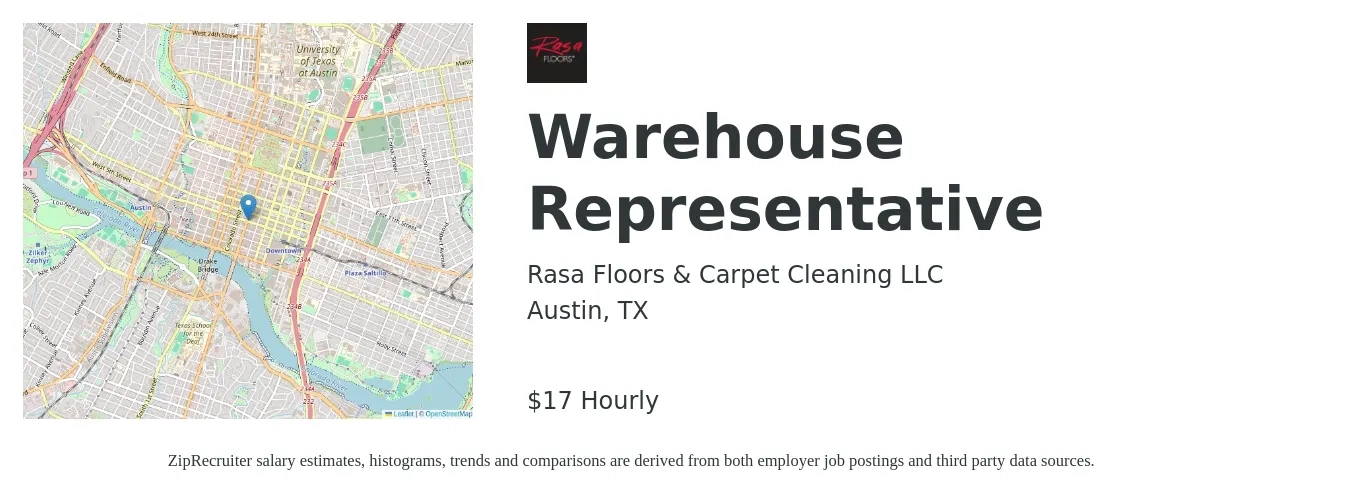 Rasa Floors & Carpet Cleaning LLC job posting for a Warehouse Representative in Austin, TX with a salary of $18 Hourly with a map of Austin location.