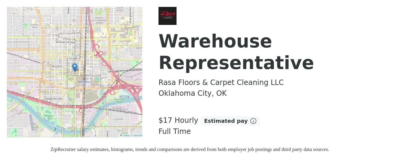 Rasa Floors & Carpet Cleaning LLC job posting for a Warehouse Representative in Oklahoma City, OK with a salary of $18 Hourly with a map of Oklahoma City location.