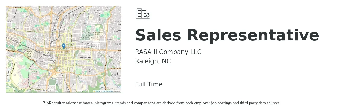 RASA II Company LLC job posting for a Sales Representative in Raleigh, NC with a salary of $52,000 to $90,400 Yearly with a map of Raleigh location.