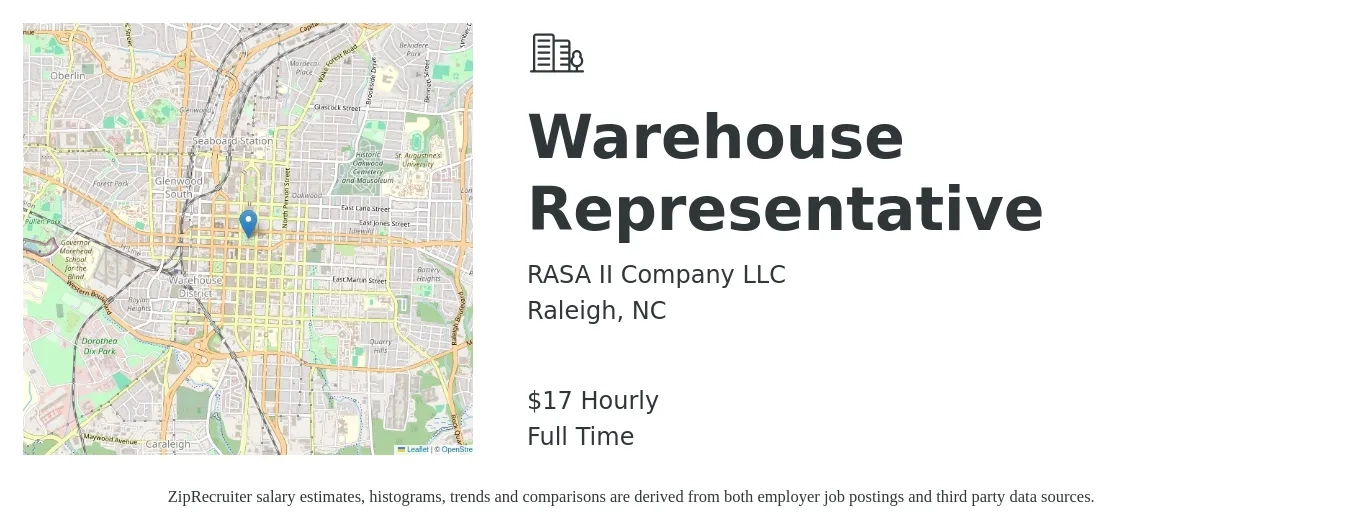 RASA II Company LLC job posting for a Warehouse Representative in Raleigh, NC with a salary of $18 Hourly with a map of Raleigh location.