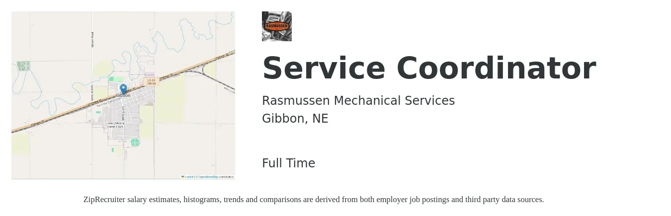 Rasmussen Mechanical Services job posting for a Service Coordinator in Gibbon, NE with a salary of $17 to $22 Hourly with a map of Gibbon location.
