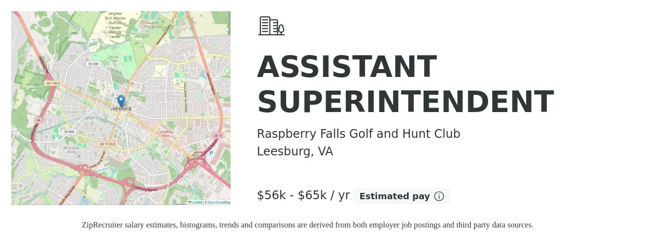 Raspberry Falls Golf and Hunt Club job posting for a ASSISTANT SUPERINTENDENT in Leesburg, VA with a salary of $56,000 to $65,000 Yearly with a map of Leesburg location.
