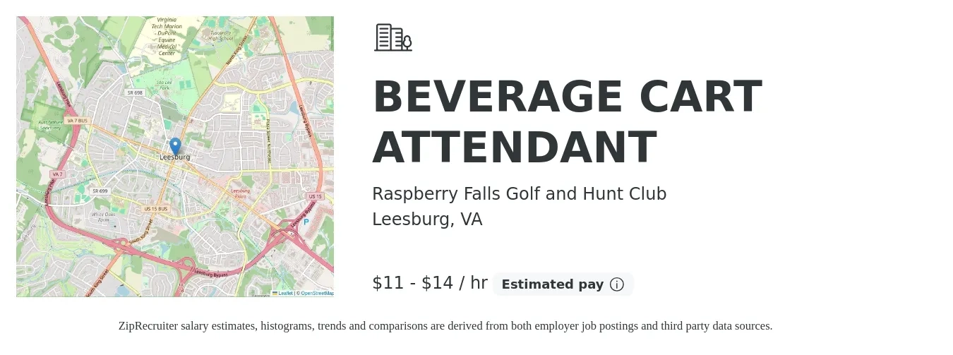 Raspberry Falls Golf and Hunt Club job posting for a BEVERAGE CART ATTENDANT in Leesburg, VA with a salary of $12 to $15 Hourly with a map of Leesburg location.