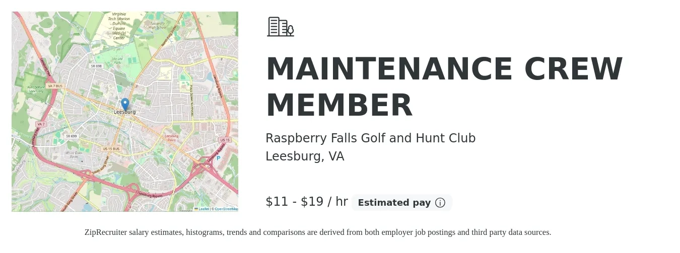 Raspberry Falls Golf and Hunt Club job posting for a MAINTENANCE CREW MEMBER in Leesburg, VA with a salary of $12 to $20 Hourly with a map of Leesburg location.