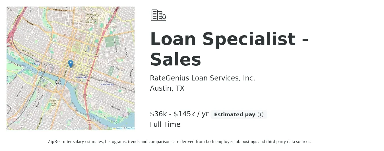 RateGenius Loan Services, Inc. job posting for a Loan Specialist - Sales in Austin, TX with a salary of $36,000 to $145,000 Yearly with a map of Austin location.