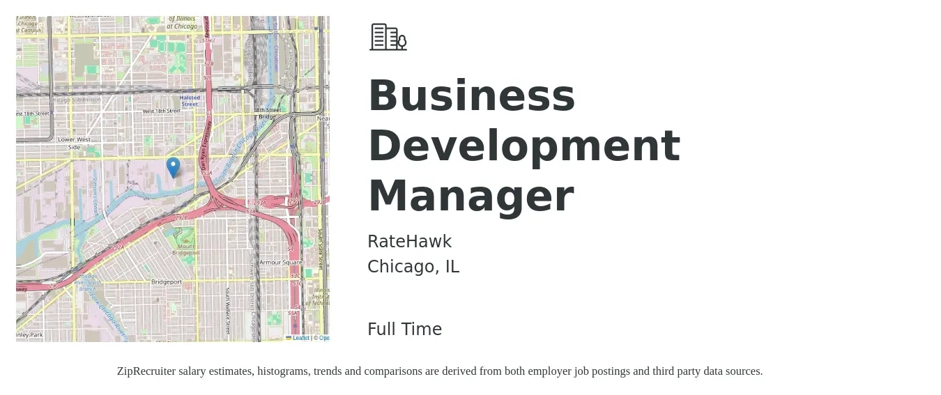 RateHawk job posting for a Business Development Manager in Chicago, IL with a salary of $62,800 to $103,000 Yearly with a map of Chicago location.