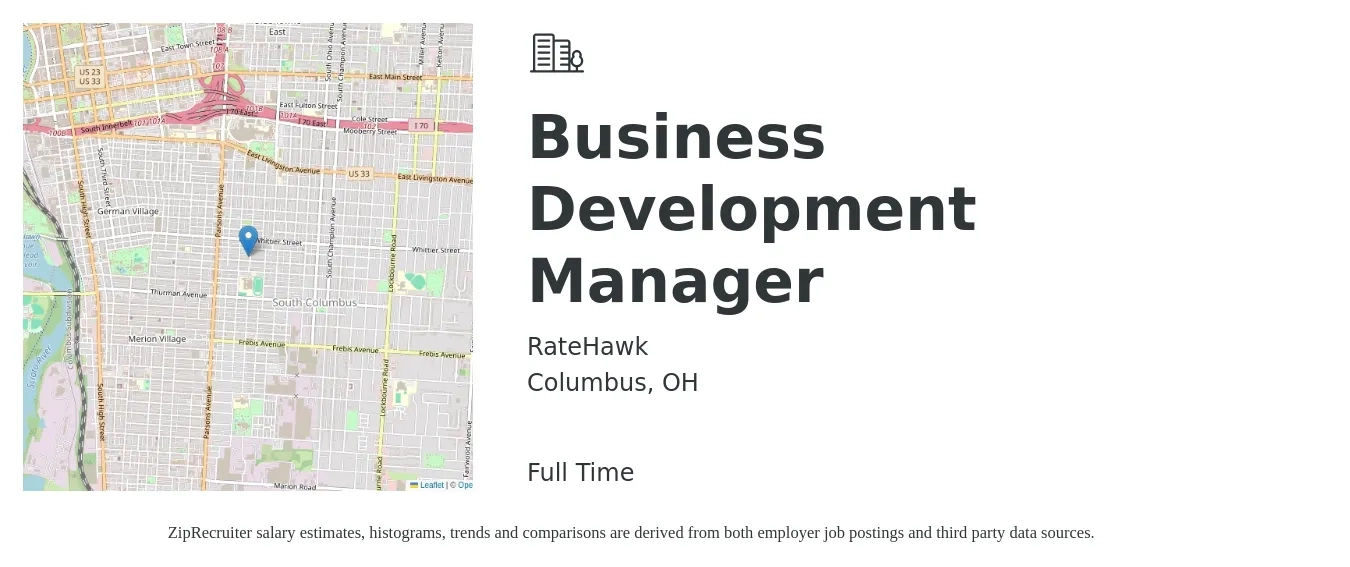 RateHawk job posting for a Business Development Manager in Columbus, OH with a salary of $58,900 to $96,600 Yearly with a map of Columbus location.
