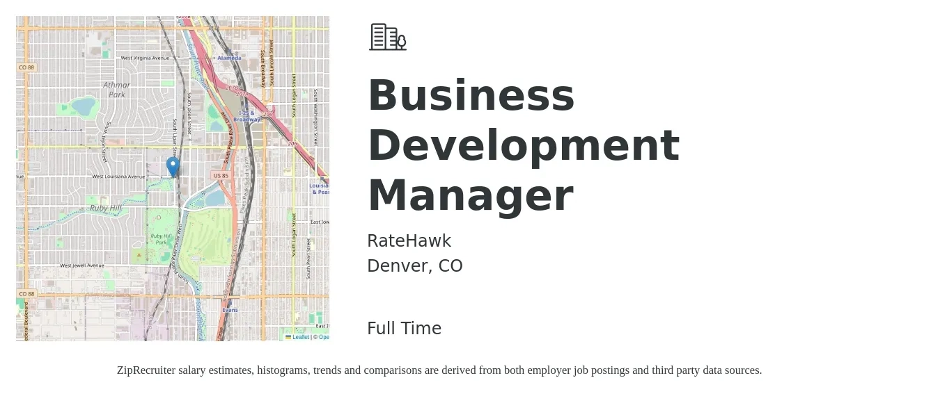 RateHawk job posting for a Business Development Manager in Denver, CO with a salary of $62,800 to $102,900 Yearly with a map of Denver location.
