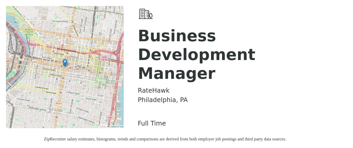RateHawk job posting for a Business Development Manager in Philadelphia, PA with a salary of $61,600 to $100,900 Yearly with a map of Philadelphia location.