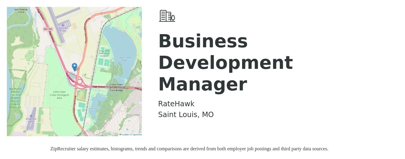 RateHawk job posting for a Business Development Manager in Saint Louis, MO with a salary of $59,300 to $97,200 Yearly with a map of Saint Louis location.