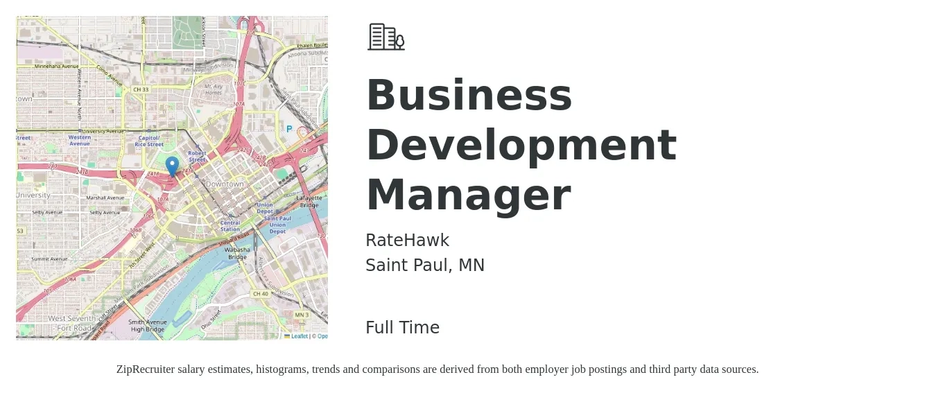 RateHawk job posting for a Business Development Manager in Saint Paul, MN with a salary of $61,700 to $101,100 Yearly with a map of Saint Paul location.