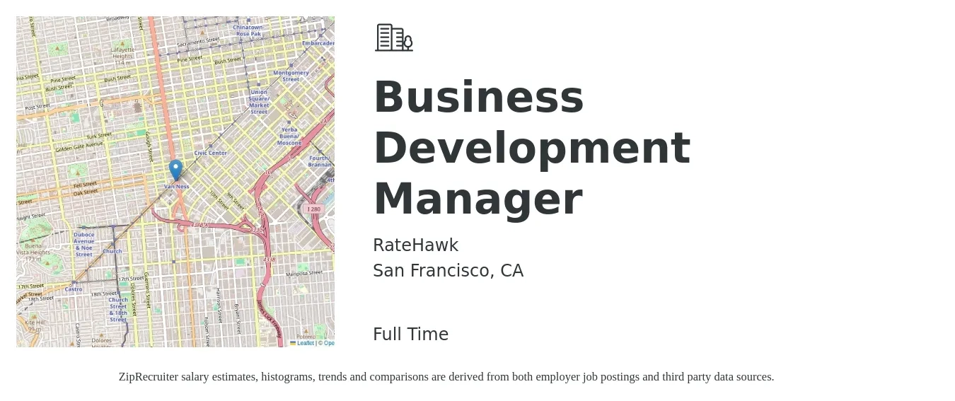 RateHawk job posting for a Business Development Manager in San Francisco, CA with a salary of $71,900 to $117,800 Yearly with a map of San Francisco location.