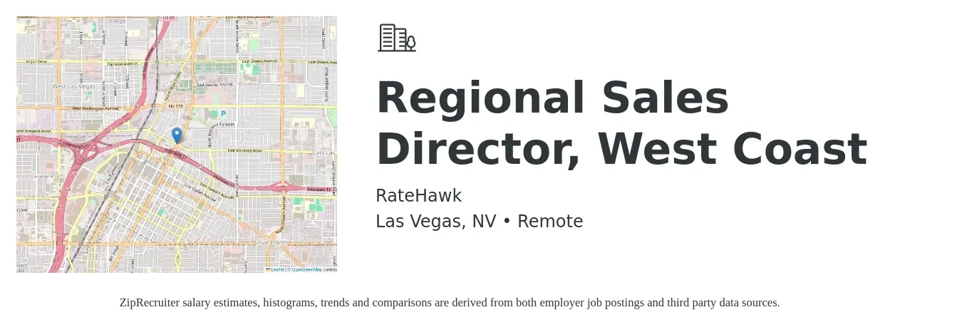 RateHawk job posting for a Regional Sales Director, West Coast in Las Vegas, NV with a salary of $86,900 to $135,600 Yearly with a map of Las Vegas location.
