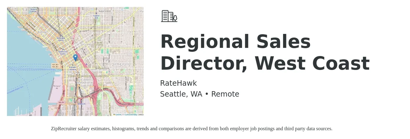 RateHawk job posting for a Regional Sales Director, West Coast in Seattle, WA with a salary of $103,600 to $161,600 Yearly with a map of Seattle location.