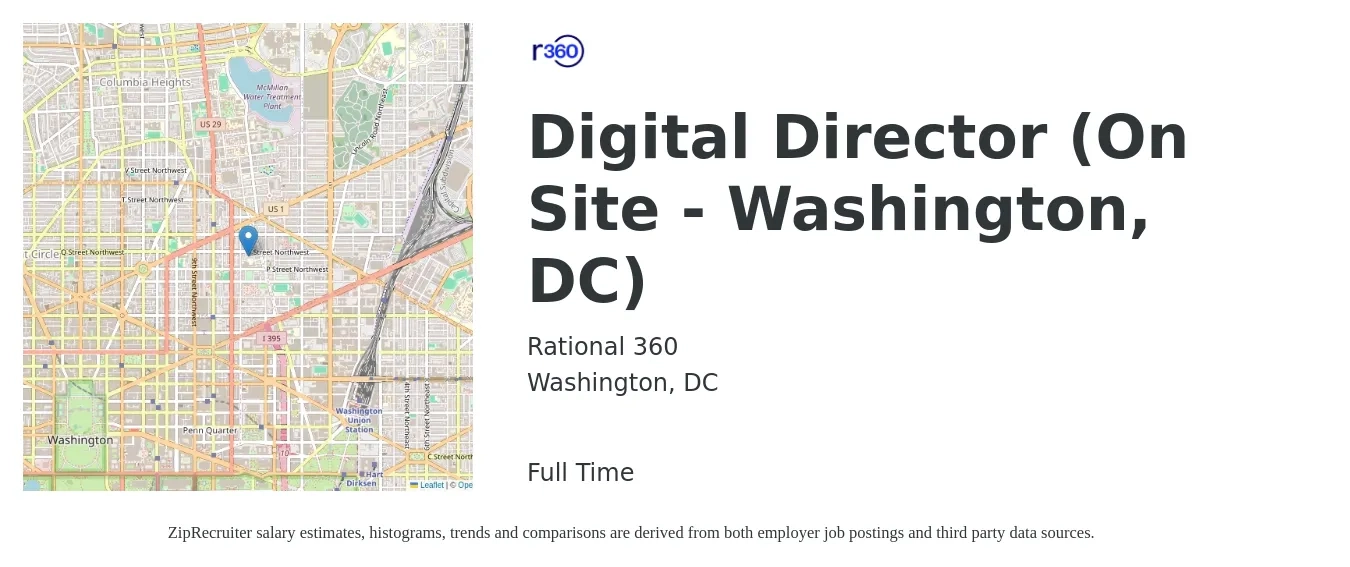 Rational 360 job posting for a Digital Director (On Site - Washington, DC) in Washington, DC with a salary of $96,000 to $169,400 Yearly with a map of Washington location.