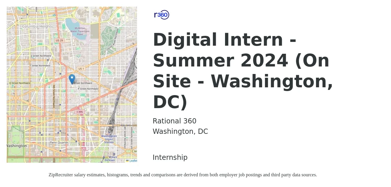 Rational 360 job posting for a Digital Intern - Summer 2024 (On Site - Washington, DC) in Washington, DC with a salary of $17 Hourly with a map of Washington location.