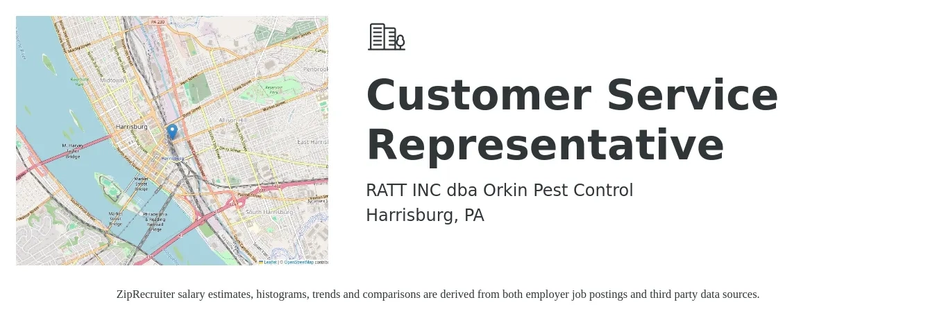 RATT INC dba Orkin Pest Control job posting for a Customer Service Representative in Harrisburg, PA with a salary of $13 to $15 Hourly with a map of Harrisburg location.
