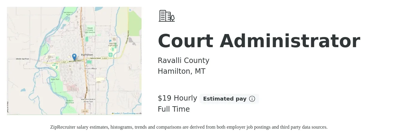 Ravalli County job posting for a Court Administrator in Hamilton, MT with a salary of $20 Hourly with a map of Hamilton location.