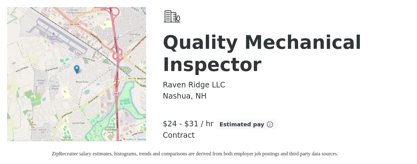 Raven Ridge job posting for a Quality Mechanical Inspector in Nashua, NH with a salary of $25 to $33 Hourly with a map of Nashua location.