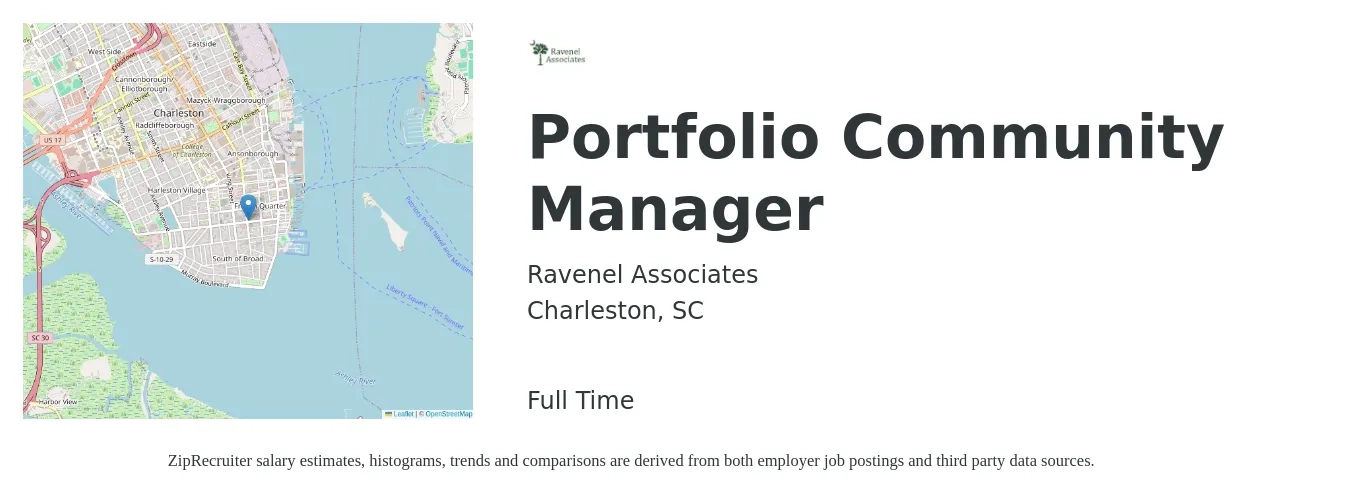 Ravenel Associates job posting for a Portfolio Community Manager in Charleston, SC with a salary of $44,600 to $63,600 Yearly with a map of Charleston location.