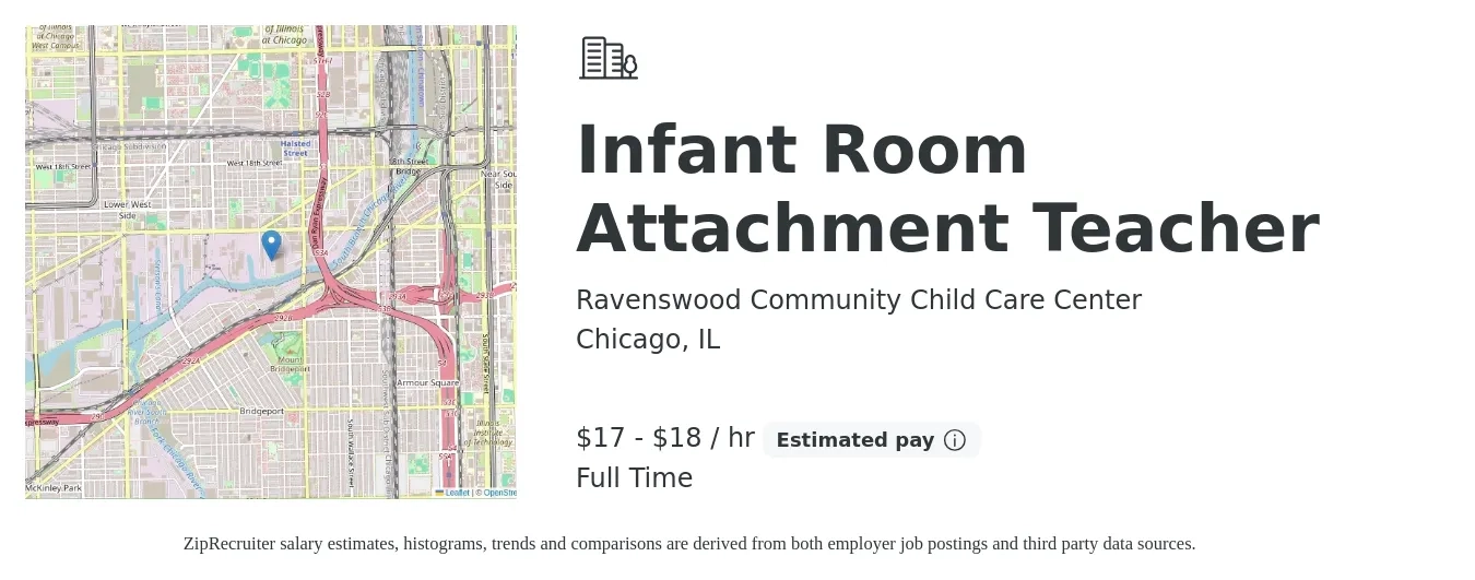 Ravenswood Community Child Care Center job posting for a Infant Room Attachment Teacher in Chicago, IL with a salary of $18 to $19 Hourly with a map of Chicago location.