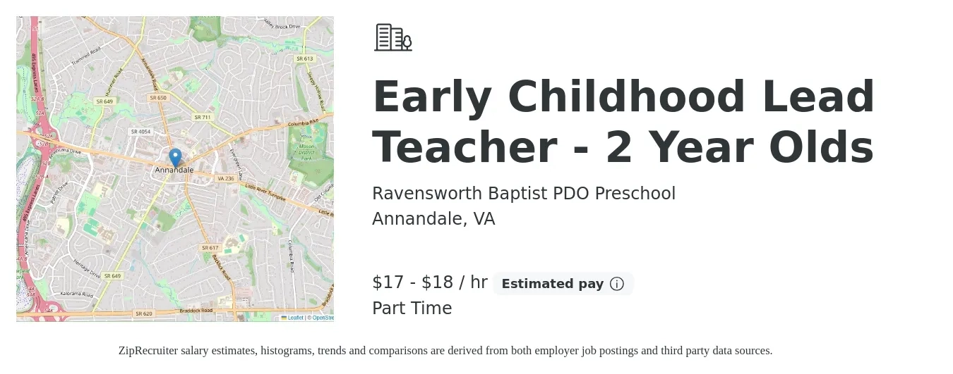 Ravensworth Baptist PDO Preschool job posting for a Early Childhood Lead Teacher - 2 Year Olds in Annandale, VA with a salary of $18 to $19 Hourly with a map of Annandale location.
