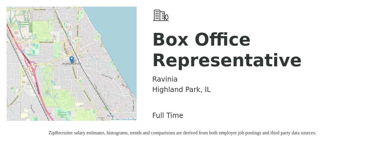Ravinia job posting for a Box Office Representative in Highland Park, IL with a salary of $17 to $24 Hourly with a map of Highland Park location.