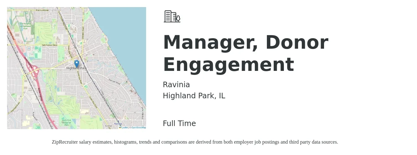 Ravinia job posting for a Manager, Donor Engagement in Highland Park, IL with a salary of $65,800 to $83,600 Yearly with a map of Highland Park location.