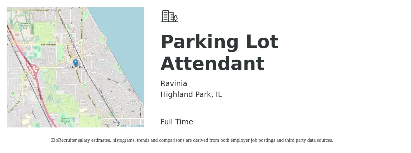 Ravinia job posting for a Parking Lot Attendant in Highland Park, IL with a salary of $15 to $18 Hourly with a map of Highland Park location.