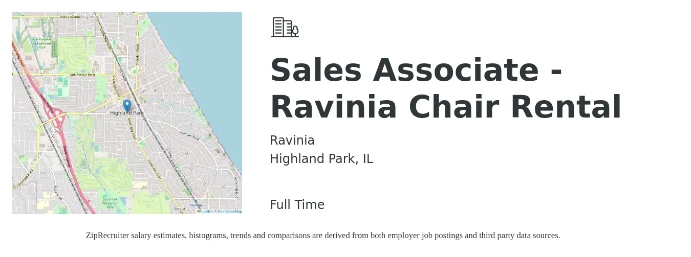 Ravinia job posting for a Sales Associate - Ravinia Chair Rental in Highland Park, IL with a salary of $16 to $21 Hourly with a map of Highland Park location.