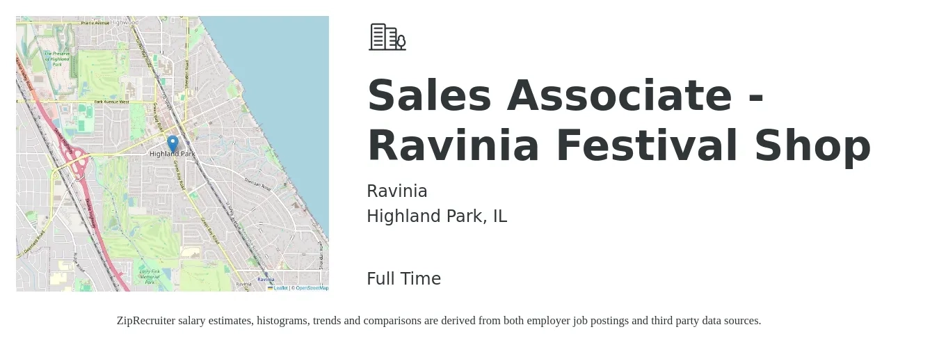 Ravinia job posting for a Sales Associate - Ravinia Festival Shop in Highland Park, IL with a salary of $17 to $20 Hourly with a map of Highland Park location.