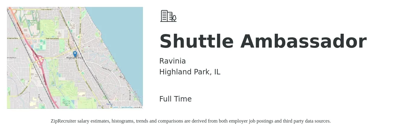 Ravinia job posting for a Shuttle Ambassador in Highland Park, IL with a salary of $15 to $22 Hourly with a map of Highland Park location.