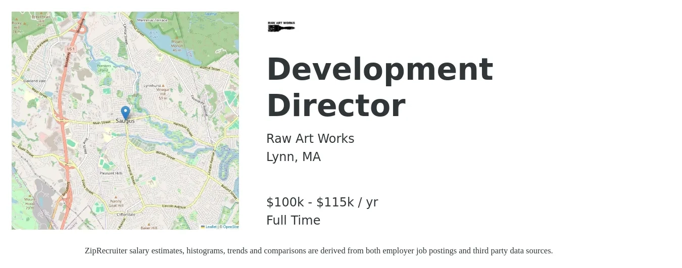 Raw Art Works job posting for a Development Director in Lynn, MA with a salary of $100,000 to $115,000 Yearly with a map of Lynn location.