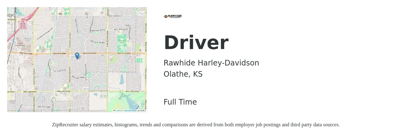 Rawhide Harley-Davidson job posting for a Driver in Olathe, KS with a salary of $46,400 to $55,600 Yearly with a map of Olathe location.