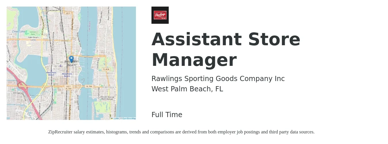 Rawlings Sporting Goods Company Inc job posting for a Assistant Store Manager in West Palm Beach, FL with a salary of $16 to $22 Hourly with a map of West Palm Beach location.