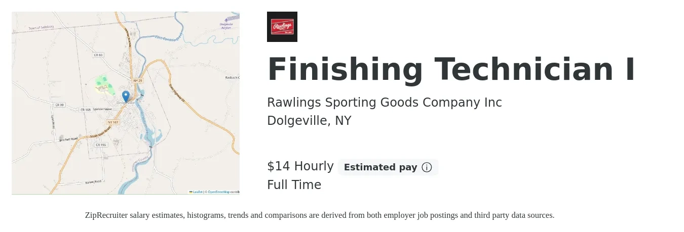 Rawlings Sporting Goods Company Inc job posting for a Finishing Technician I in Dolgeville, NY with a salary of $16 Hourly with a map of Dolgeville location.