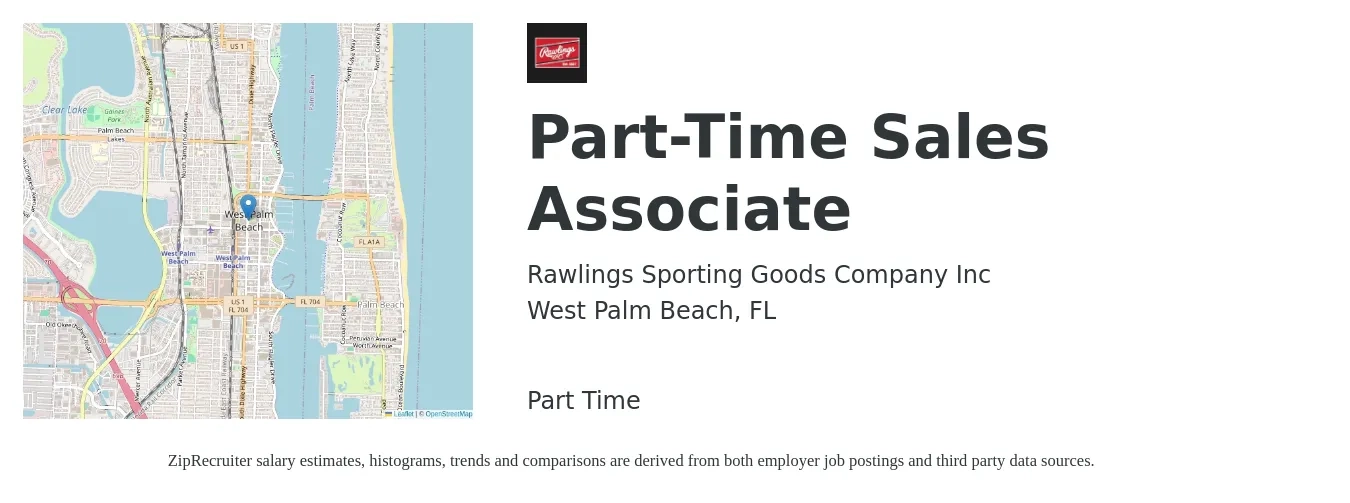 Rawlings Sporting Goods Company Inc job posting for a Part-Time Sales Associate in West Palm Beach, FL with a salary of $14 to $18 Hourly with a map of West Palm Beach location.