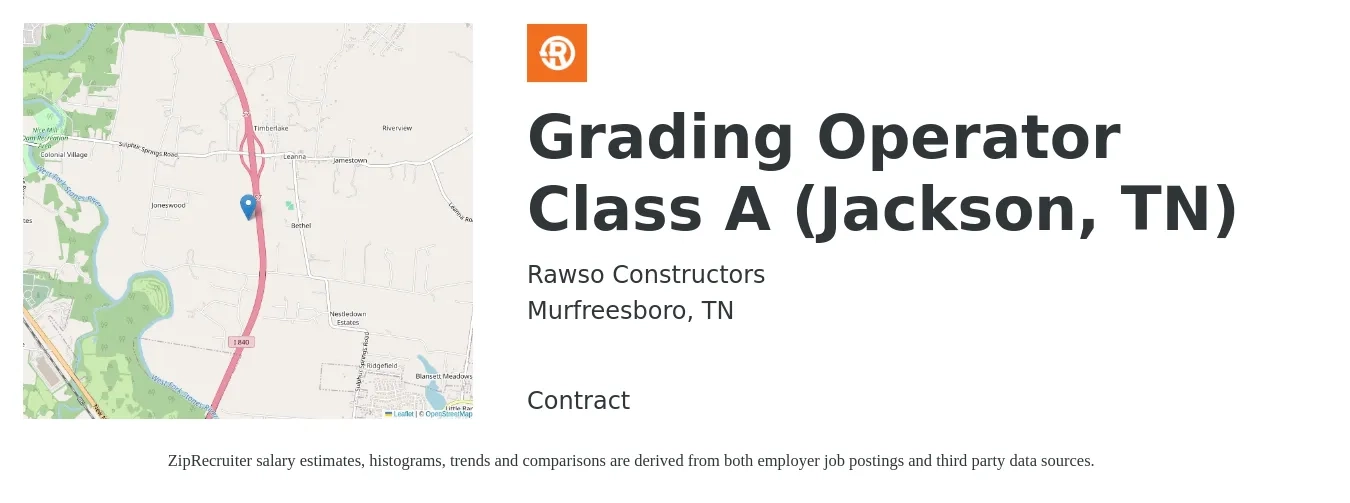 Rawso Constructors job posting for a Grading Operator Class A (Jackson, TN) in Murfreesboro, TN with a salary of $18 to $25 Hourly with a map of Murfreesboro location.