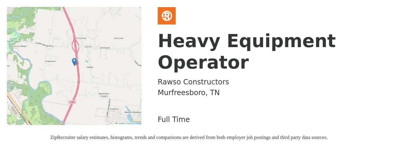 Rawso Constructors job posting for a Heavy Equipment Operator in Murfreesboro, TN with a salary of $18 to $25 Hourly with a map of Murfreesboro location.