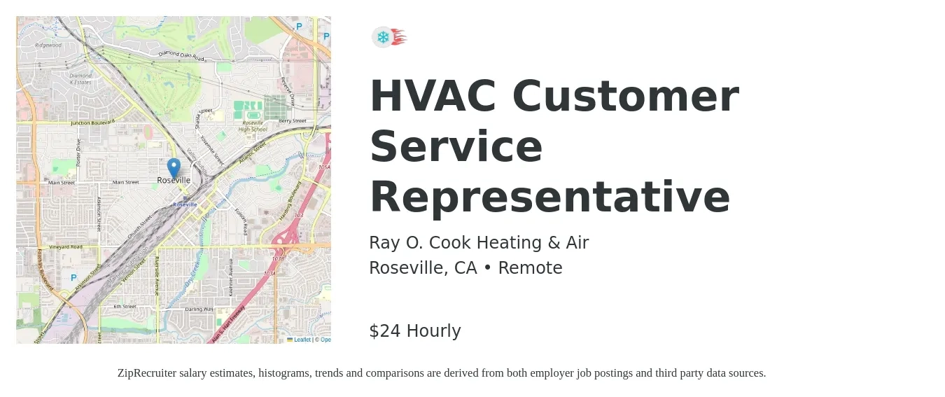 Ray O. Cook Heating & Air job posting for a HVAC Customer Service Representative in Roseville, CA with a salary of $25 Hourly with a map of Roseville location.