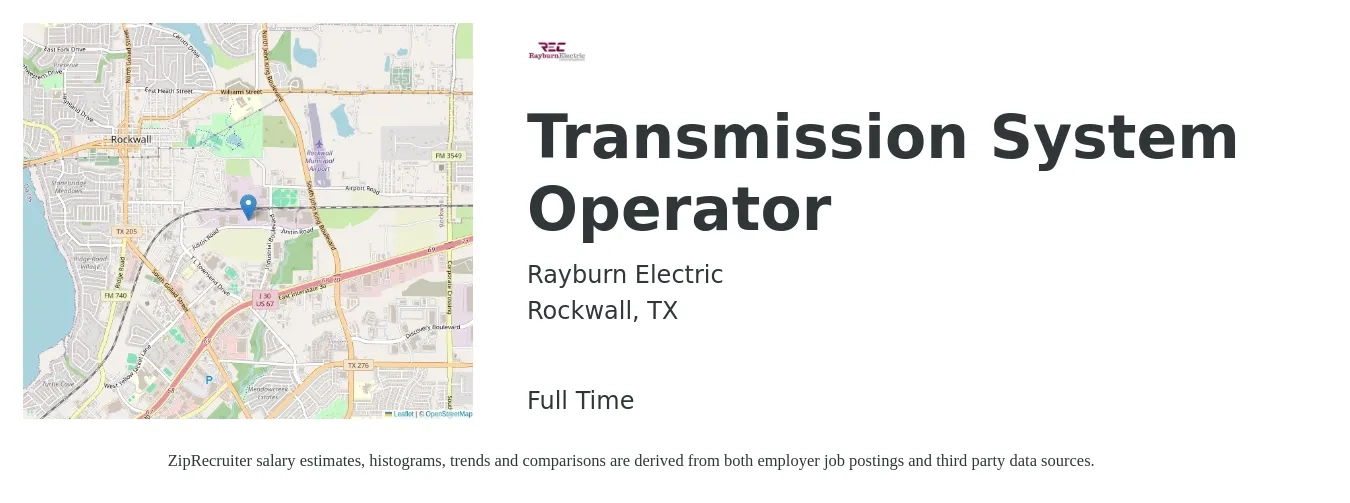Rayburn Electric job posting for a Transmission System Operator in Rockwall, TX with a salary of $23 to $27 Hourly with a map of Rockwall location.