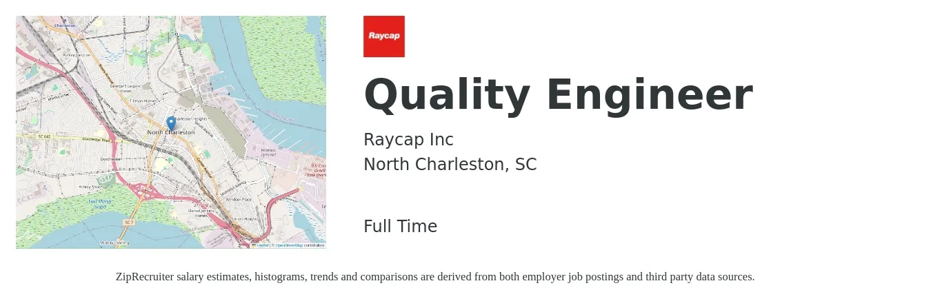 Raycap Inc job posting for a Quality Engineer in North Charleston, SC with a salary of $63,500 to $82,000 Yearly with a map of North Charleston location.